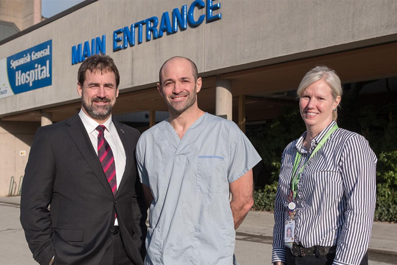 Picture of Jordan Sturdy, MLA for West Vancouver-Sea to Sky; Dr. Kim MacDonald; Nancy Haffey clinical services coordinator.