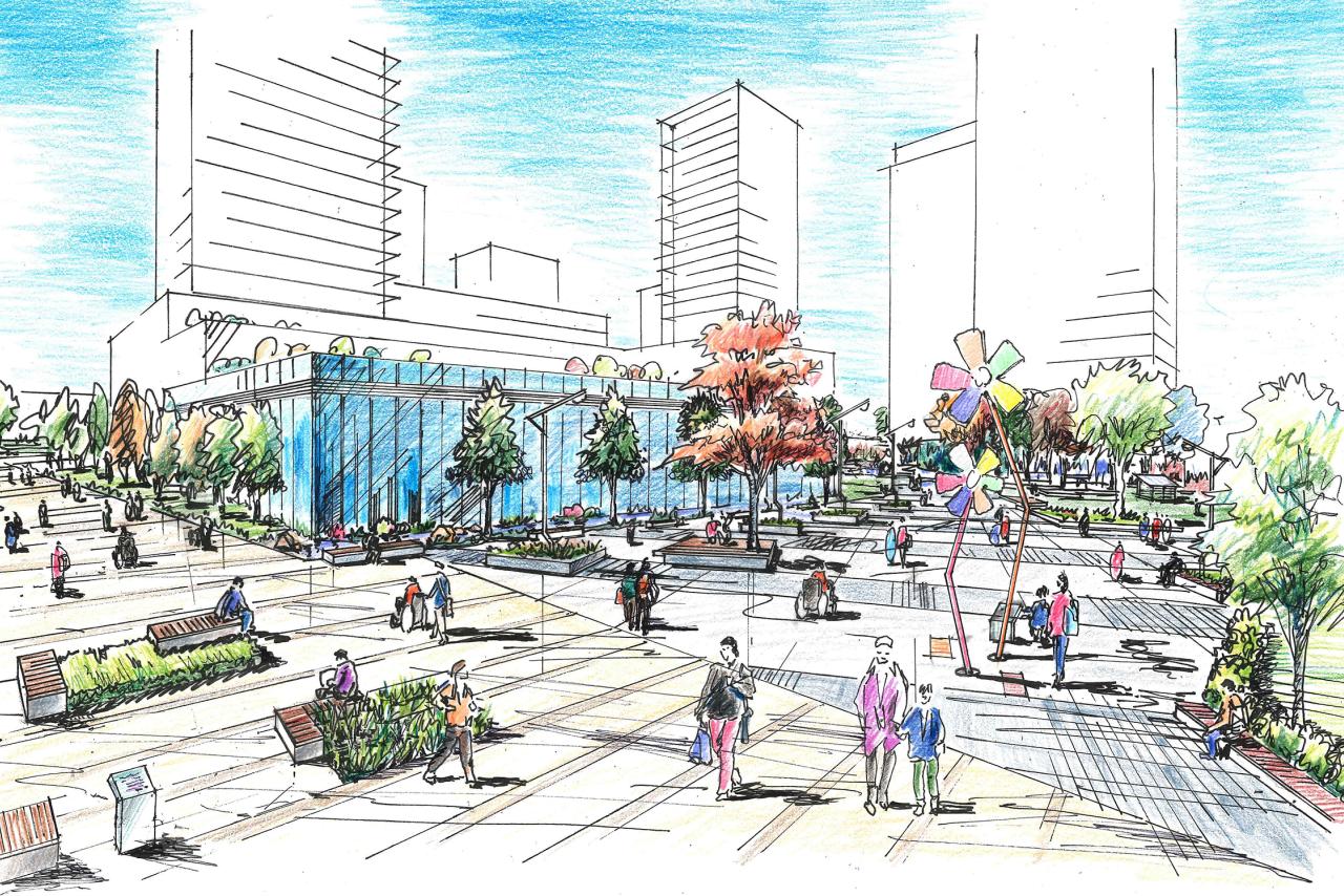 A hand-drawn archetecture drawing of the Pearson Plaza