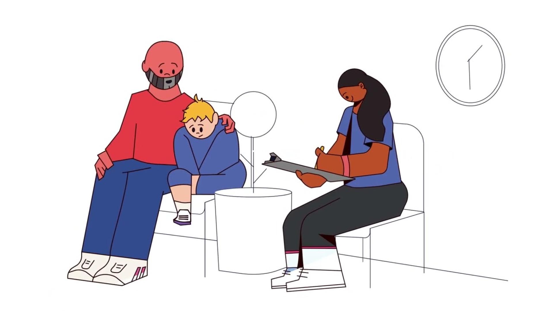 An illustration of a child with their parent using an mental health intake service