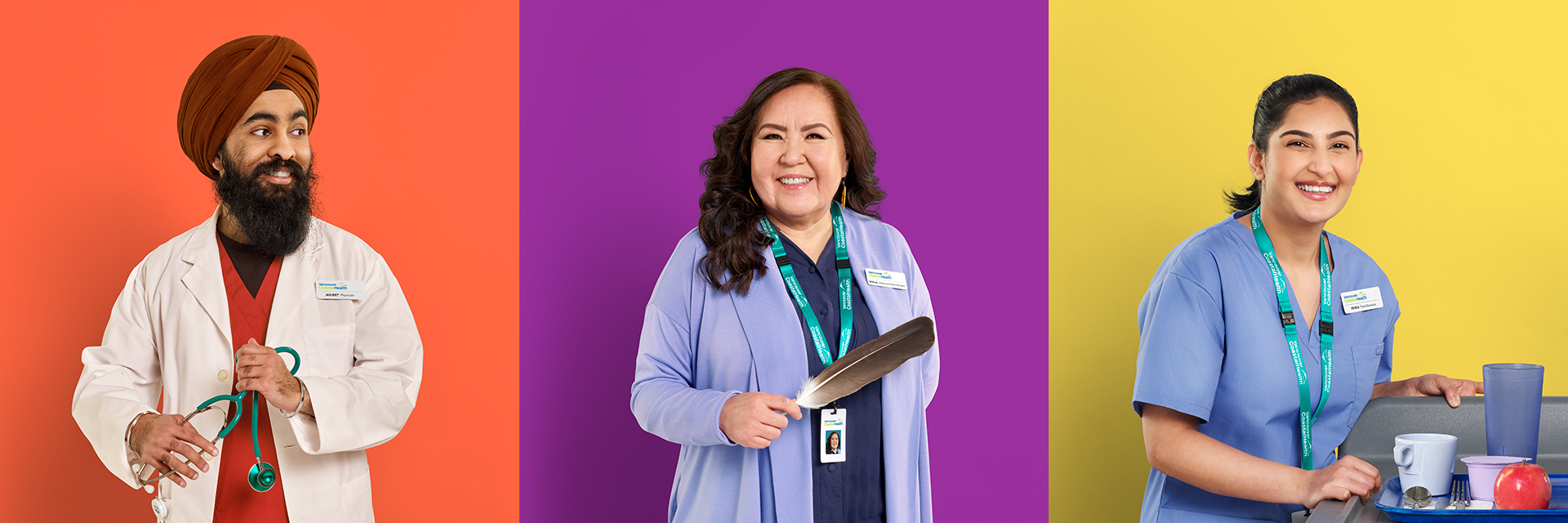Portraits of VCH staff including a Physician, Indigenous Patient Navigator and Food Service Worker