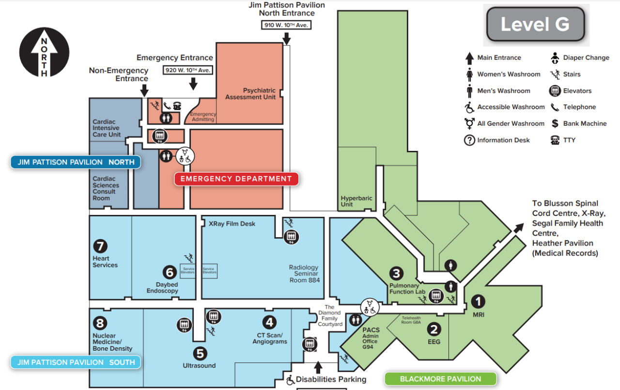 Map of the ground floor of the Jim Pattison & Leon Judah Blackmore pavilions at Vancouver General Hospital