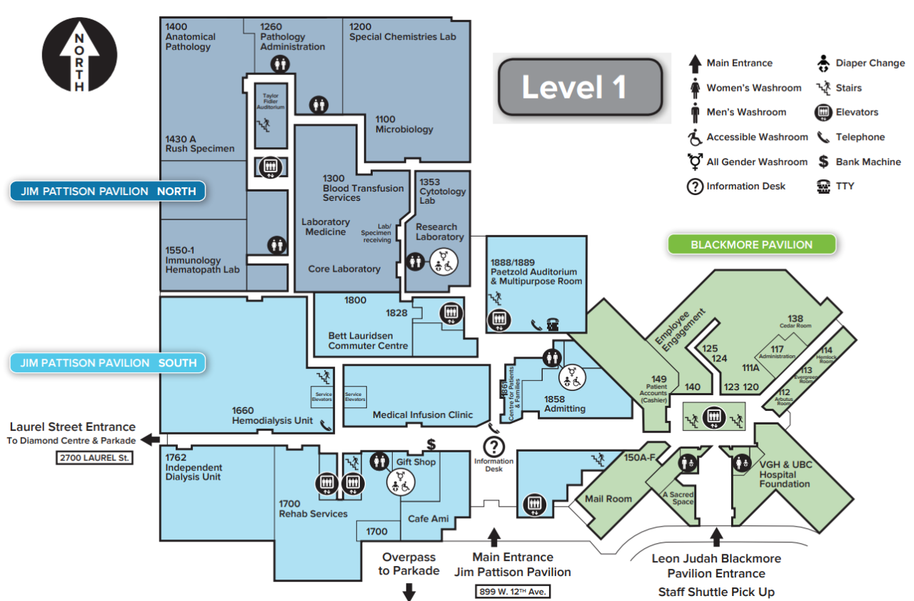 Map of the first floor of the Jim Pattison & Leon Judah Blackmore pavilions at Vancouver General Hospital