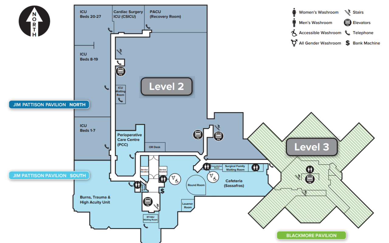 Map of the second and third floor of the Jim Pattison & Leon Judah Blackmore pavilions at Vancouver General Hospital