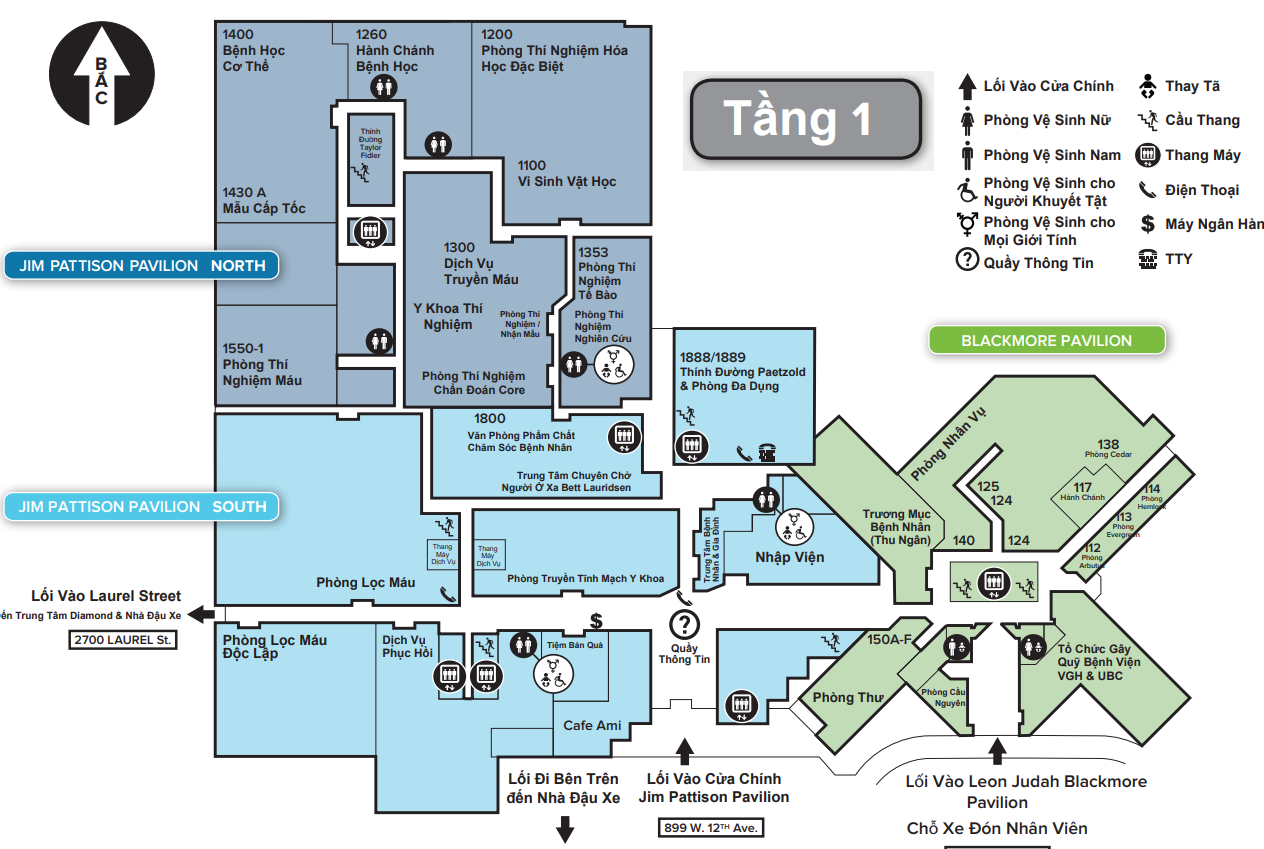 Map of the first floor of the Jim Pattison & Leon Judah Blackmore pavilions at Vancouver General Hospital in Vietnamese
