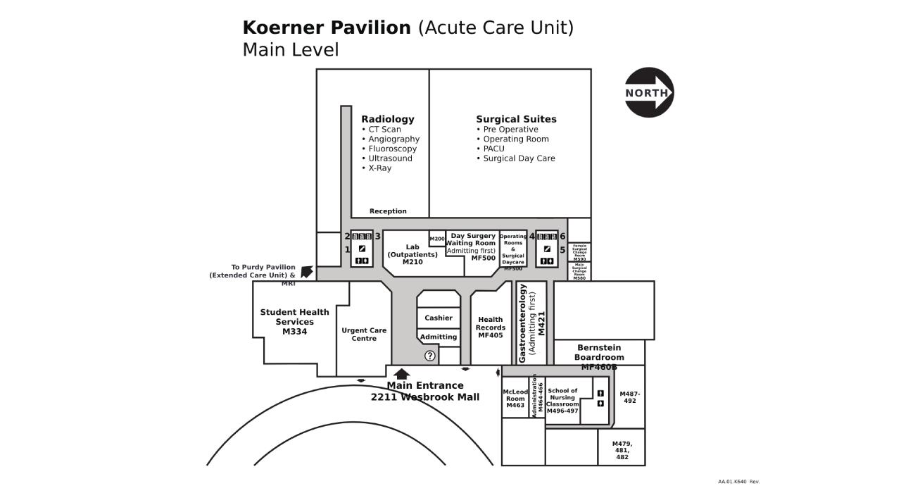 A map of Koerner Pavilion at UBC Hospital