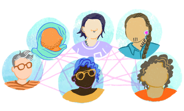 An illustration of a group of gender-diverse people being connected.
