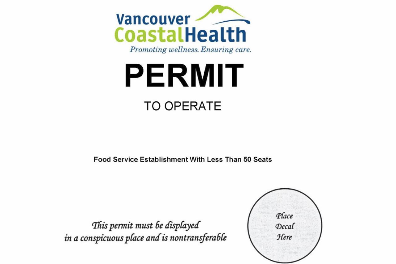 Image of a Vancouver Coastal Health food service operating permit