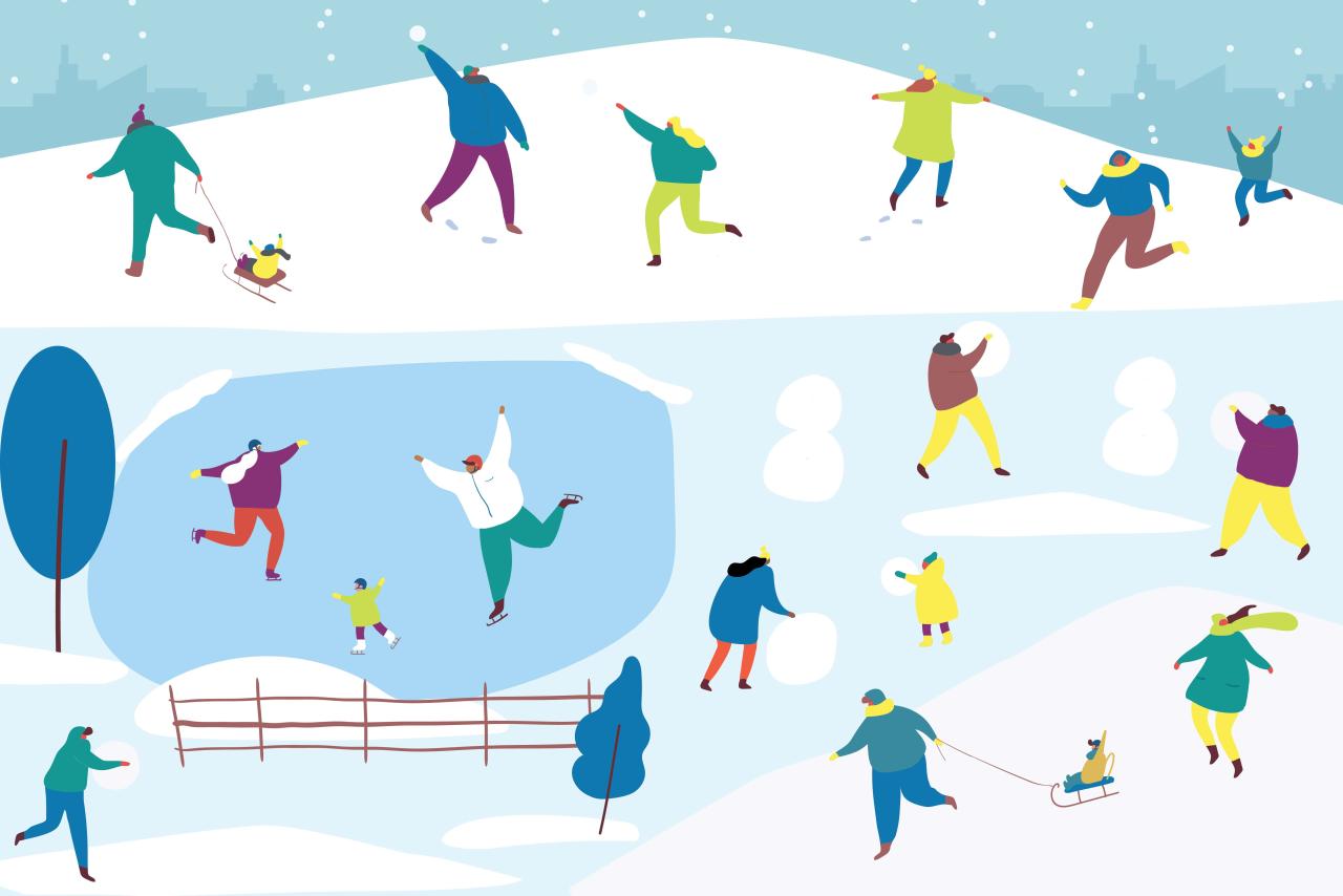 An illustration showing people staying active in the winter