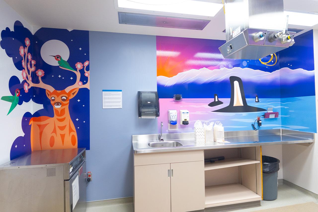 Two indigenous artwork murals on the walls of a medical room of a deer and a pod of orcas