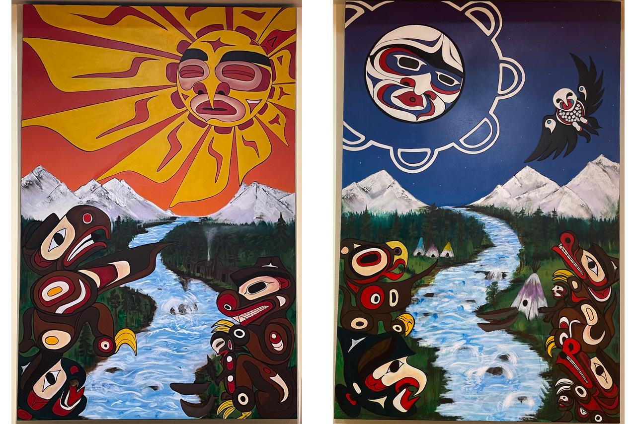 two indigenous artworks of a sunrise and sunset with mountains, forest and a winding river
