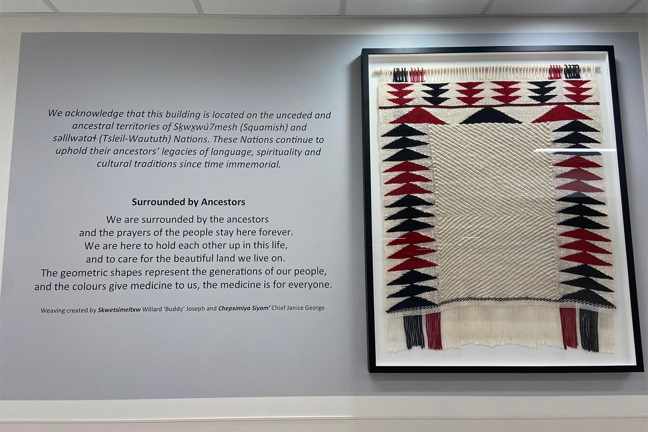 Framed weaving artwork on a white wall in the colours red, black, and cream