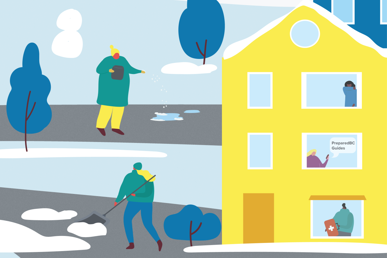 illustration of a winter scene with a house, a person shoveling snow and a person salting ice on a pavement