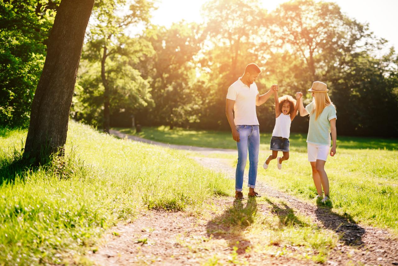 Two adults pulling a happy child up by her arms in a sunny field
