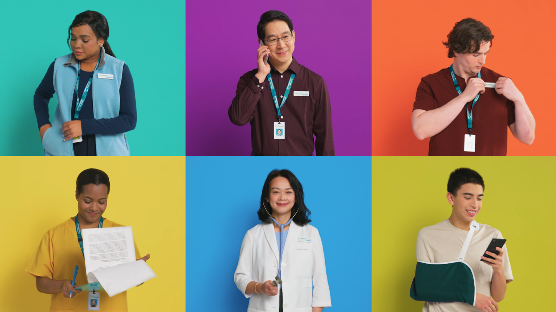 A group of VCH staff on coloured backgrounds