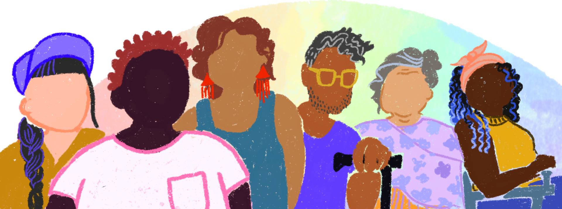 Illustration of a gender-diverse group of people in a soft pastel style.