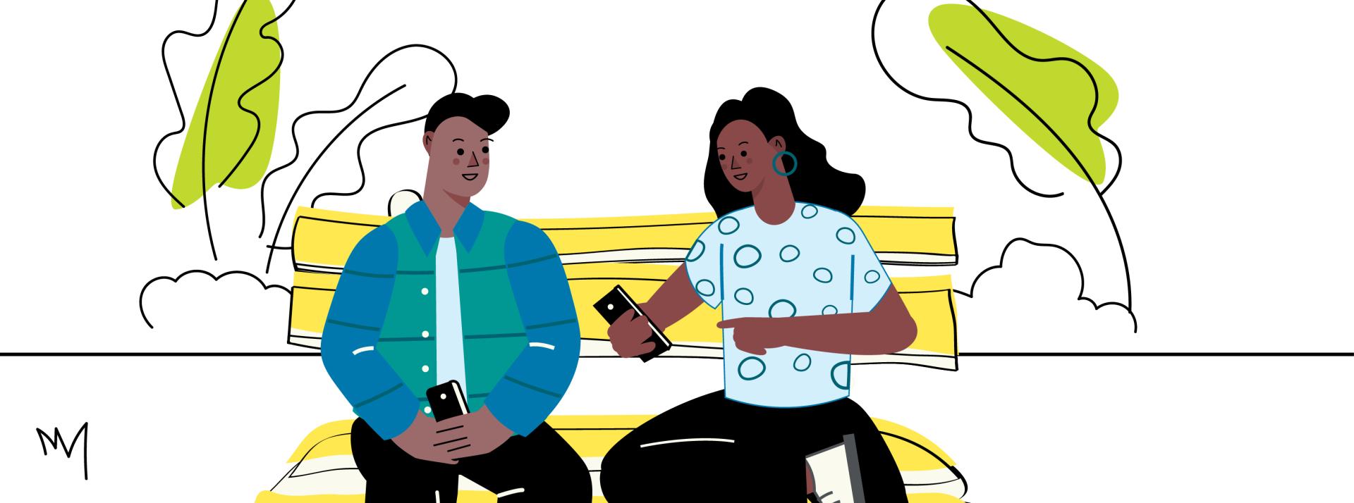 Couple sitting on bench.