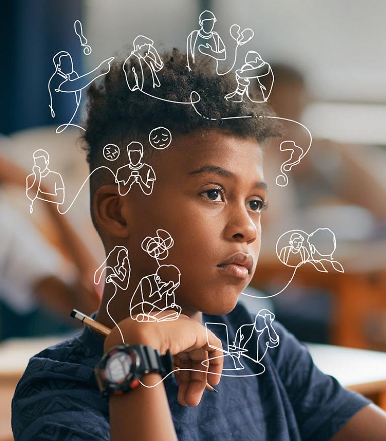 Child in school deep in thought with illustrations representing common worries floating around their head