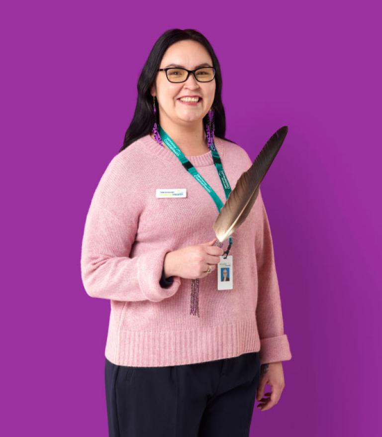 A photo of Amanda, Indigenous Patient Navigator, against a purple background