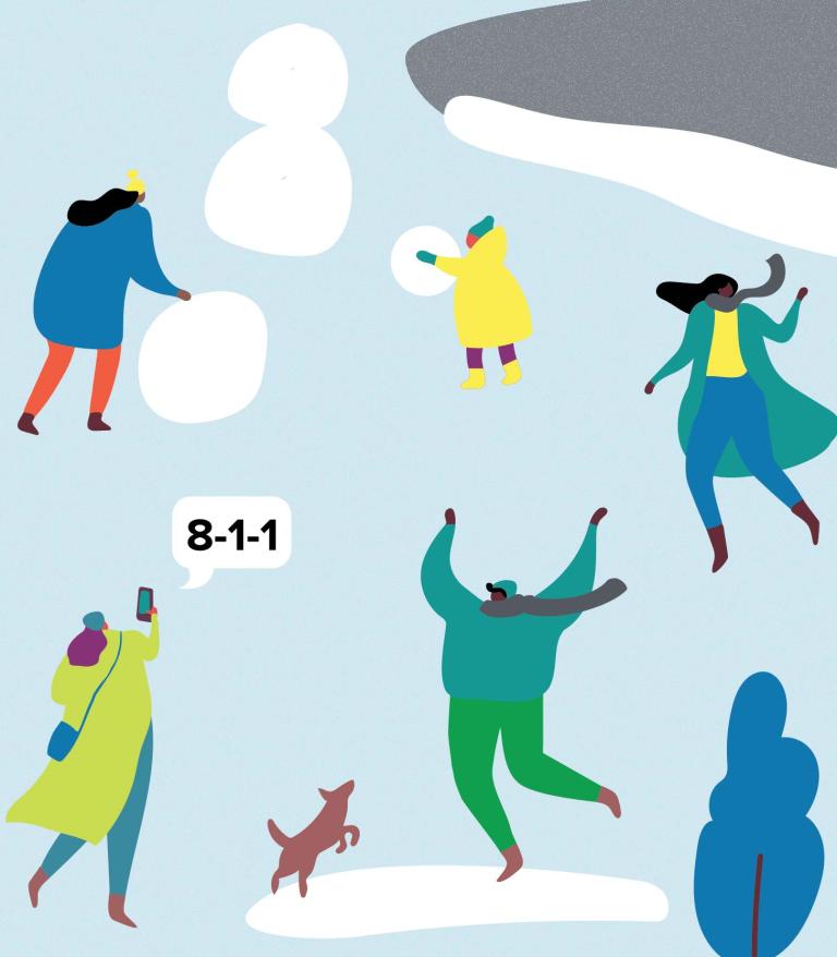 illustration of a winter scene with a house, a person shoveling snow and a person salting ice on a pavement