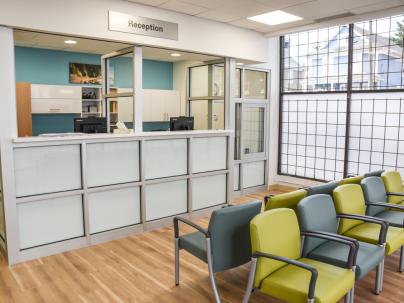 Reception desk and waiting room of the Heatley Community Health Centre