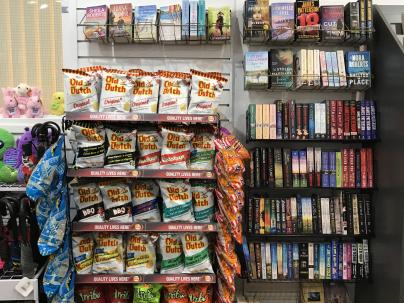 Shelves with candy, chips and books inside the Vancouver General Hospital gift shop