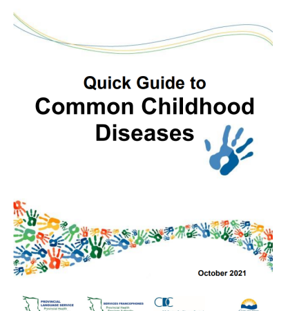 Cover page of the Quick Guide to Common Childhood Diseases with graphics of children's handprints.