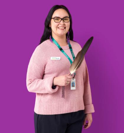 A photo of Amanda, Indigenous Patient Navigator, against a purple background